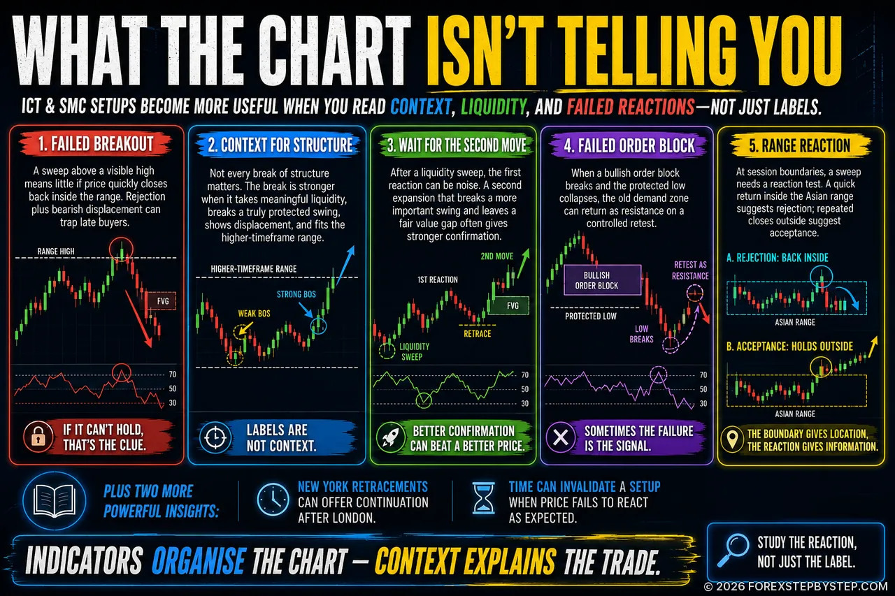 ICT and SMC infographic on failed breakouts, structure context, second moves, failed order blocks, and range reactions.