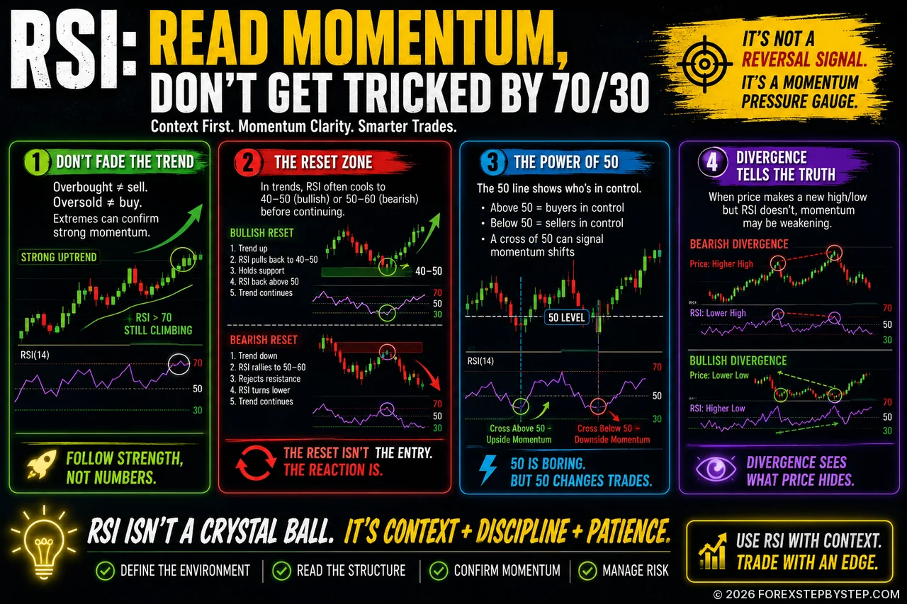 RSI trading infographic showing what the indicator reveals about momentum, exhaustion, continuation, and market structure.