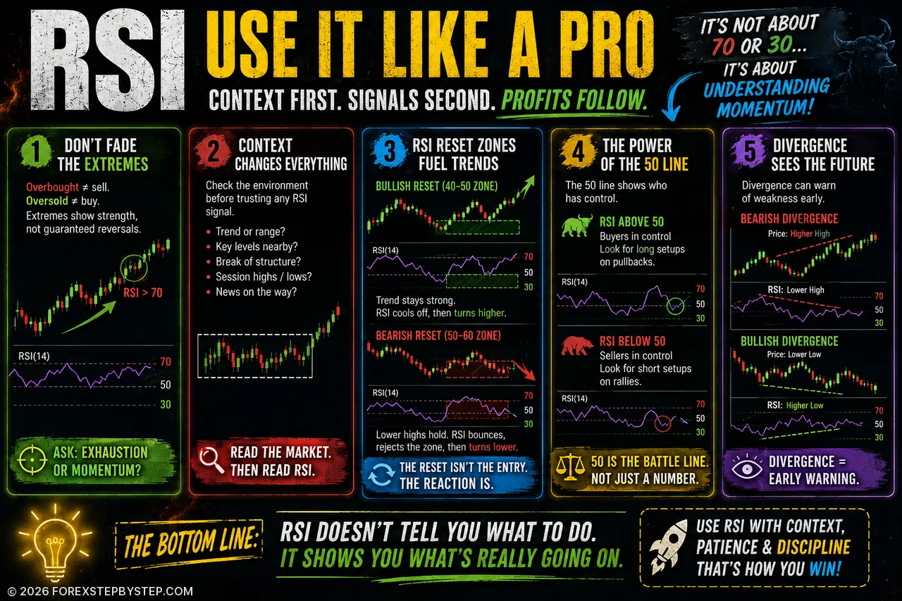 Why RSI signals fool traders: 70/30 traps, reset zones, hidden divergence, and price confirmation.