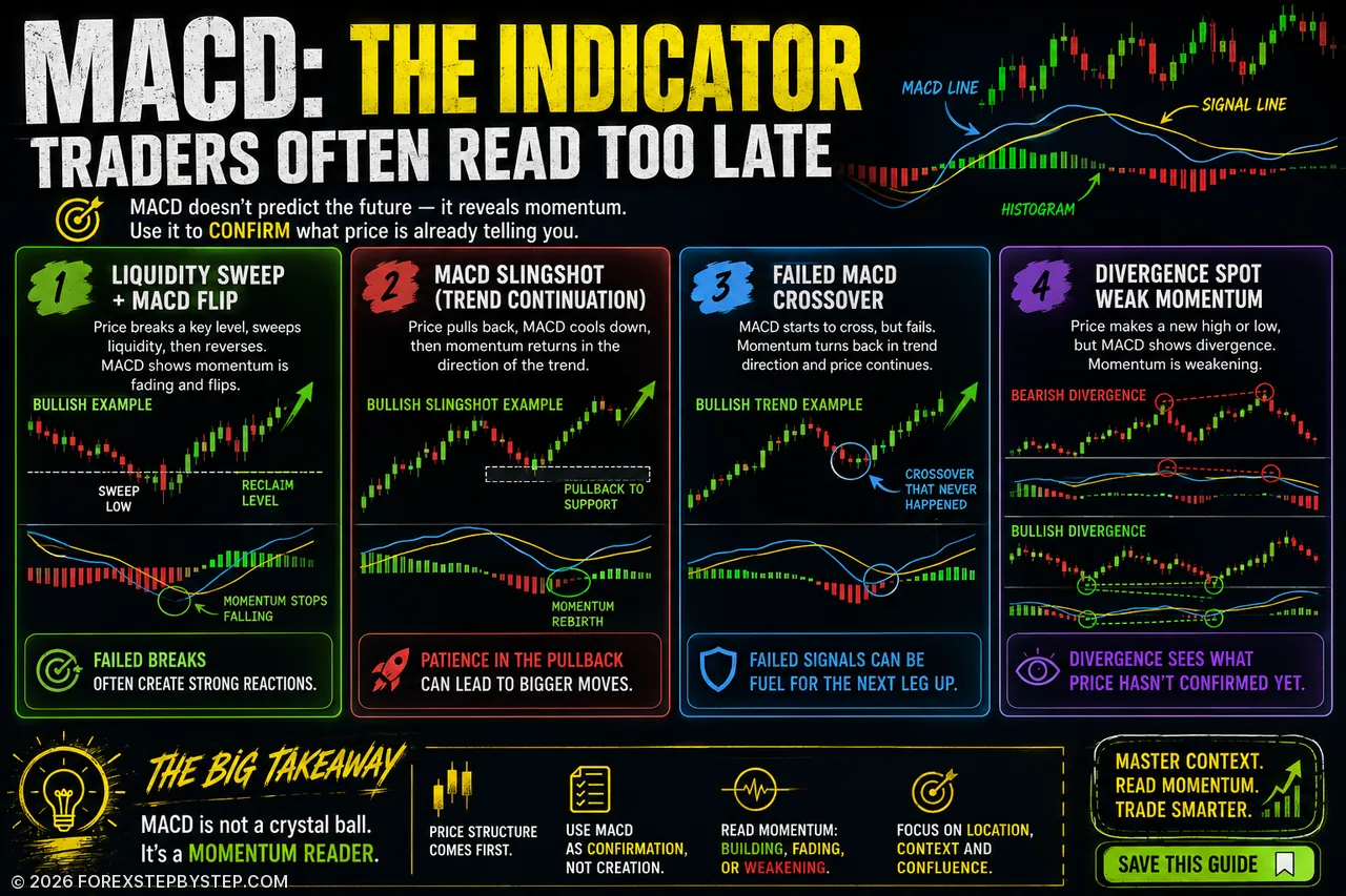 MACD infographic explaining the signal most traders miss when they focus only on crossovers.