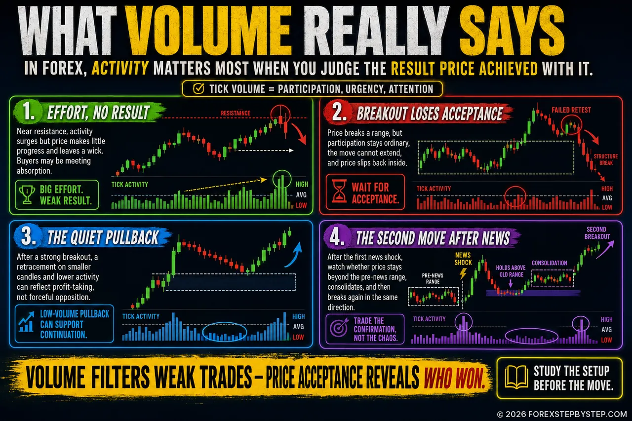 Forex volume infographic comparing effort versus result, failed breakouts, quiet pullbacks, and post-news moves.
