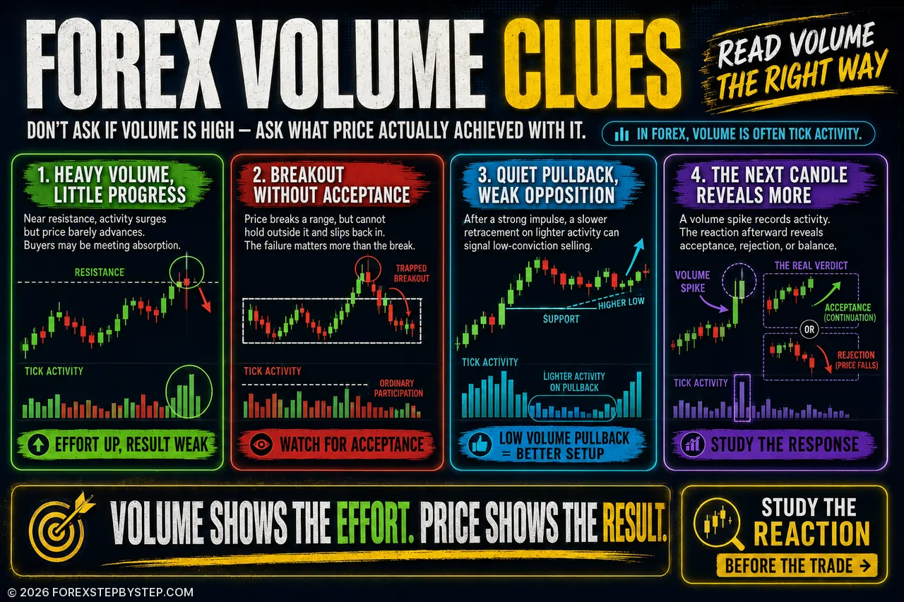 Forex volume clues showing weak price progress, failed breakouts, quiet pullbacks, and next-candle confirmation.
