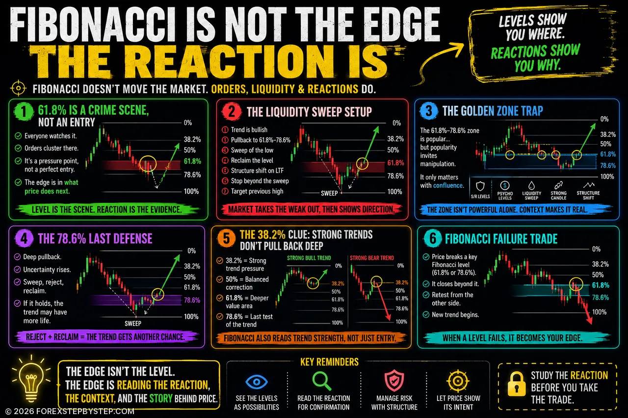 What happens after a Fibonacci level is touched can reveal liquidity, traps, and direction.