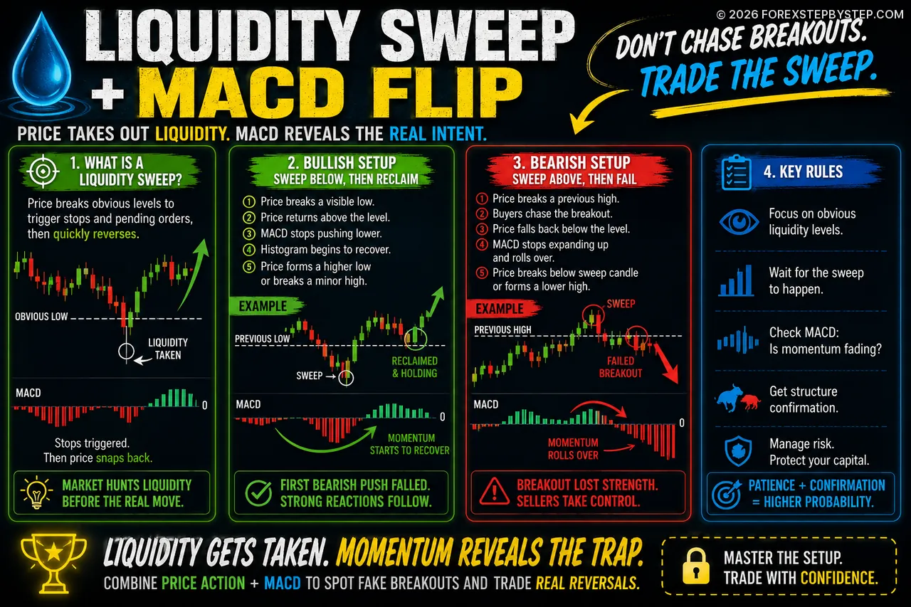 Trading visual summary showing the MACD flip signal that can appear after a liquidity sweep traps breakout traders.