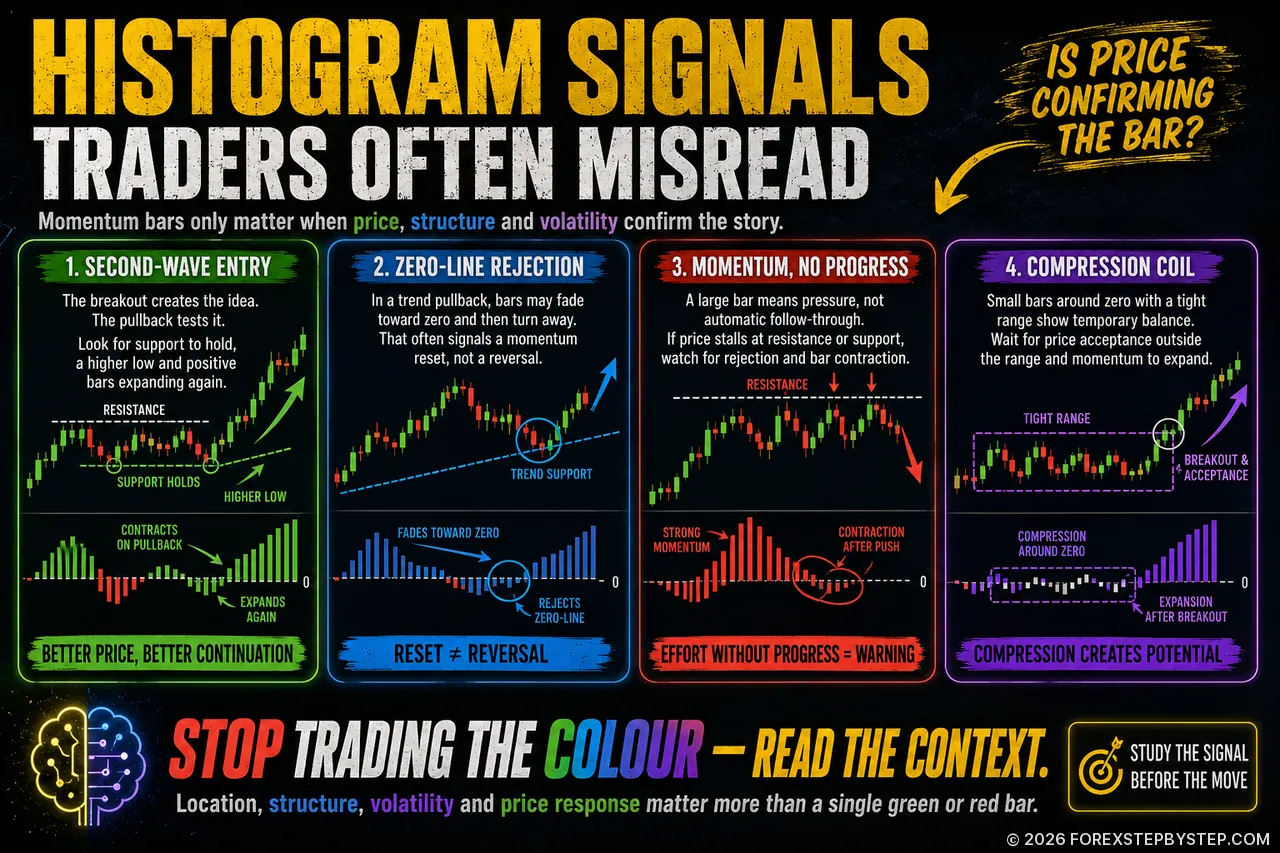 Trading infographic showing second-wave entries, zero-line rejection, stalled price progress and histogram compression.