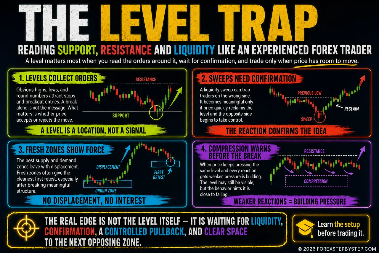 A forex level breaks, snaps back, and reveals hidden liquidity around support and resistance.