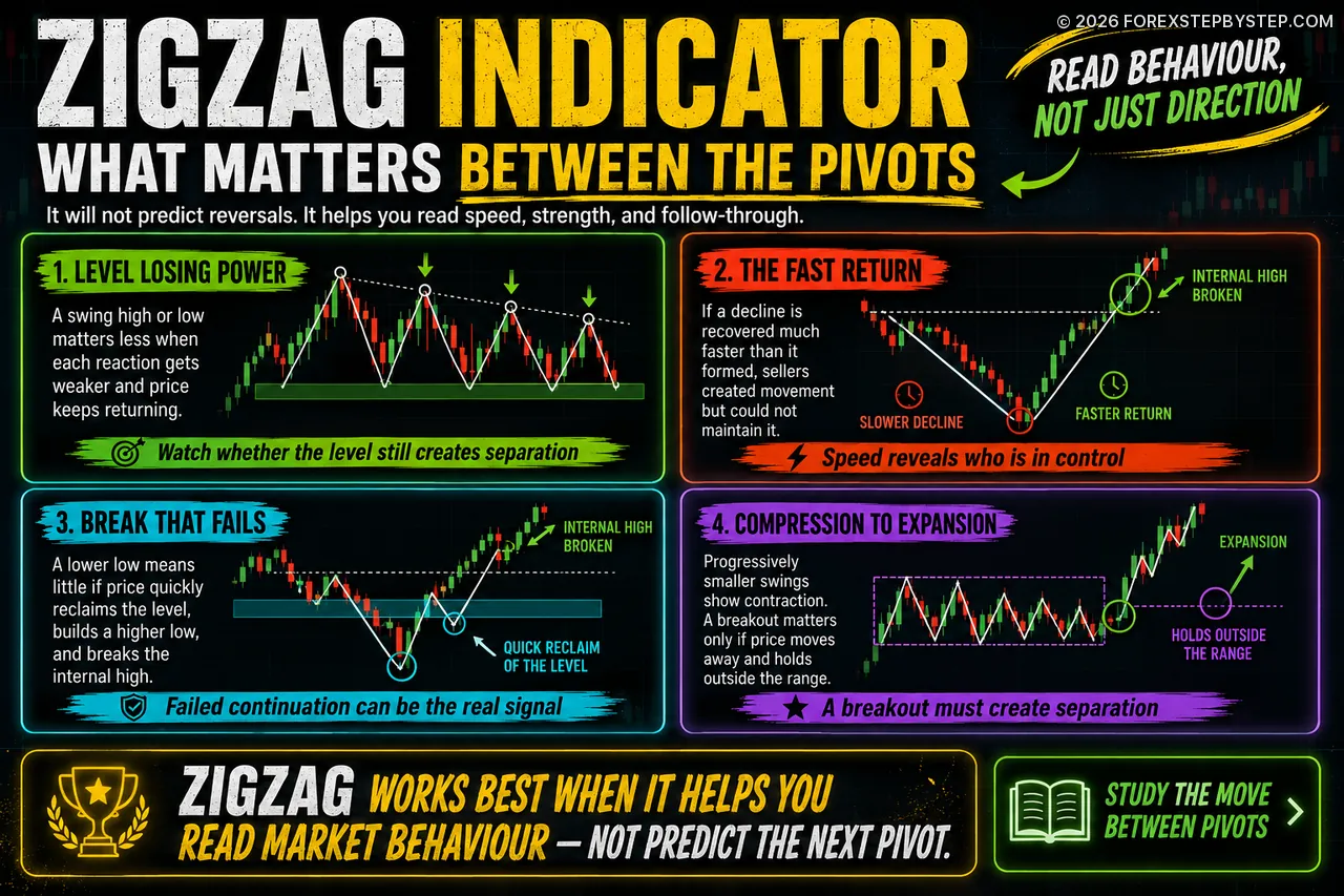 ZigZag indicator infographic showing weakening levels, fast returns, failed breaks, and compression-to-expansion setups.
