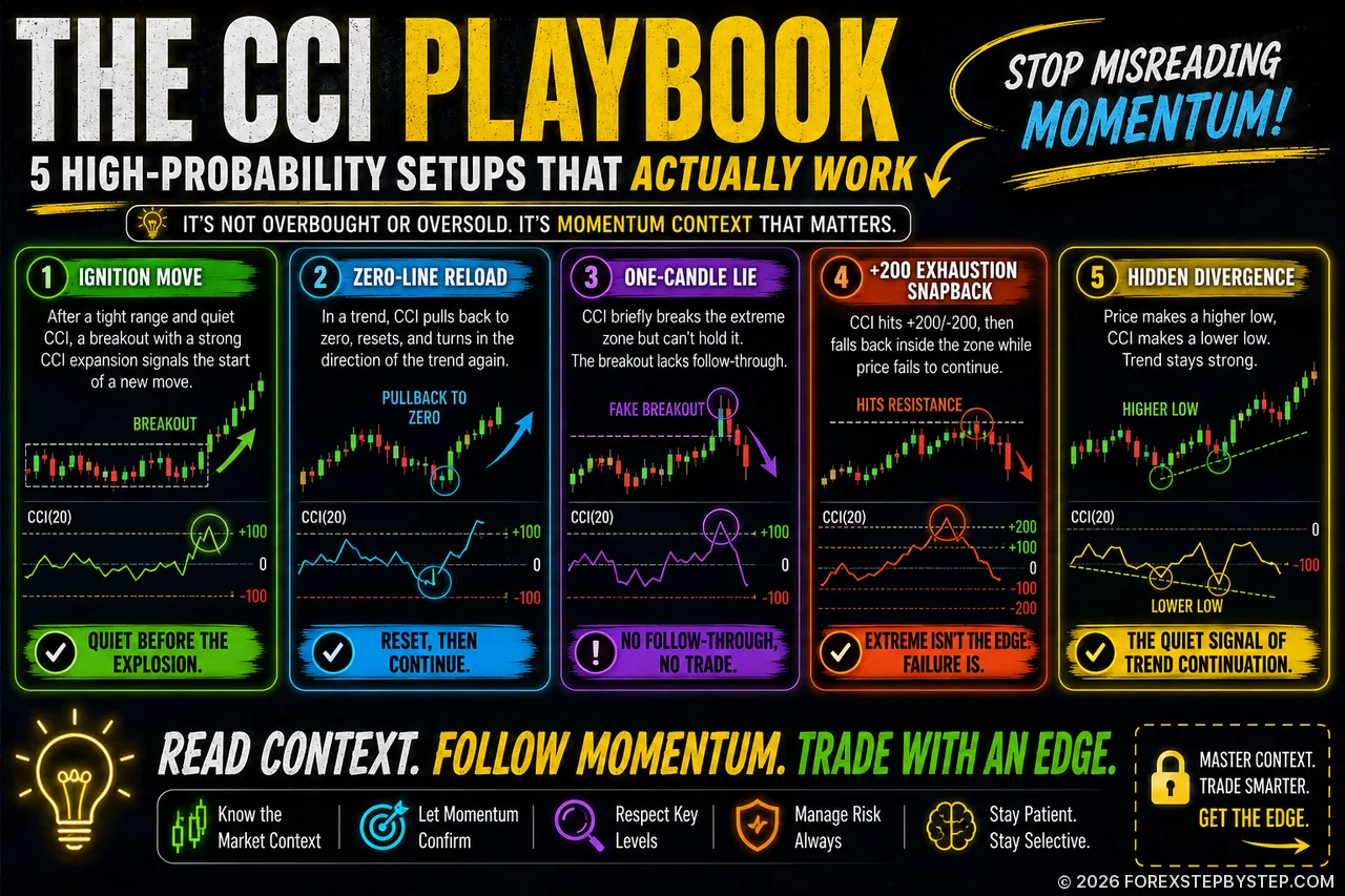 CCI Trap infographic showing how forex traders read momentum context, false breakouts, zero-line reloads and exhaustion trap.