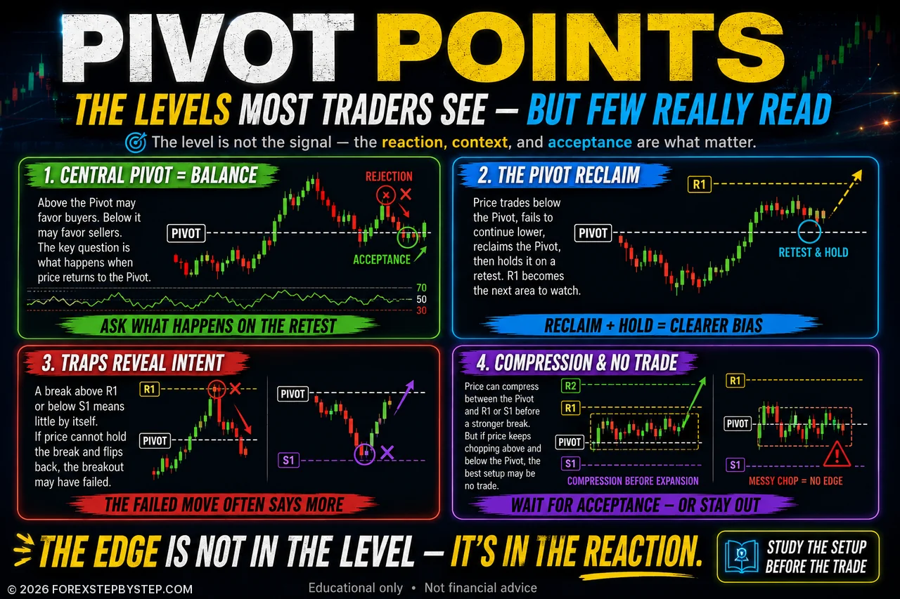 Pivot Points infographic showing central balance, reclaim setups, breakout traps, compression, and no-trade zones.