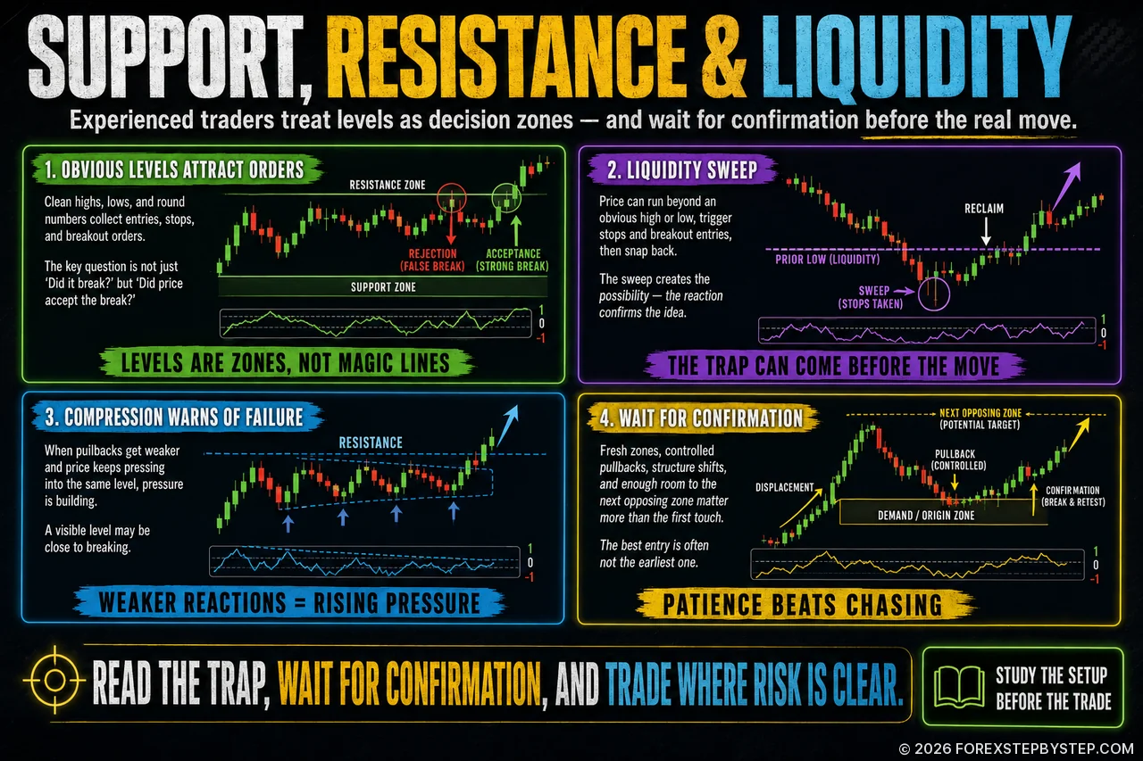 Key trading levels shown as liquidity zones with support, resistance, supply and demand reactions.