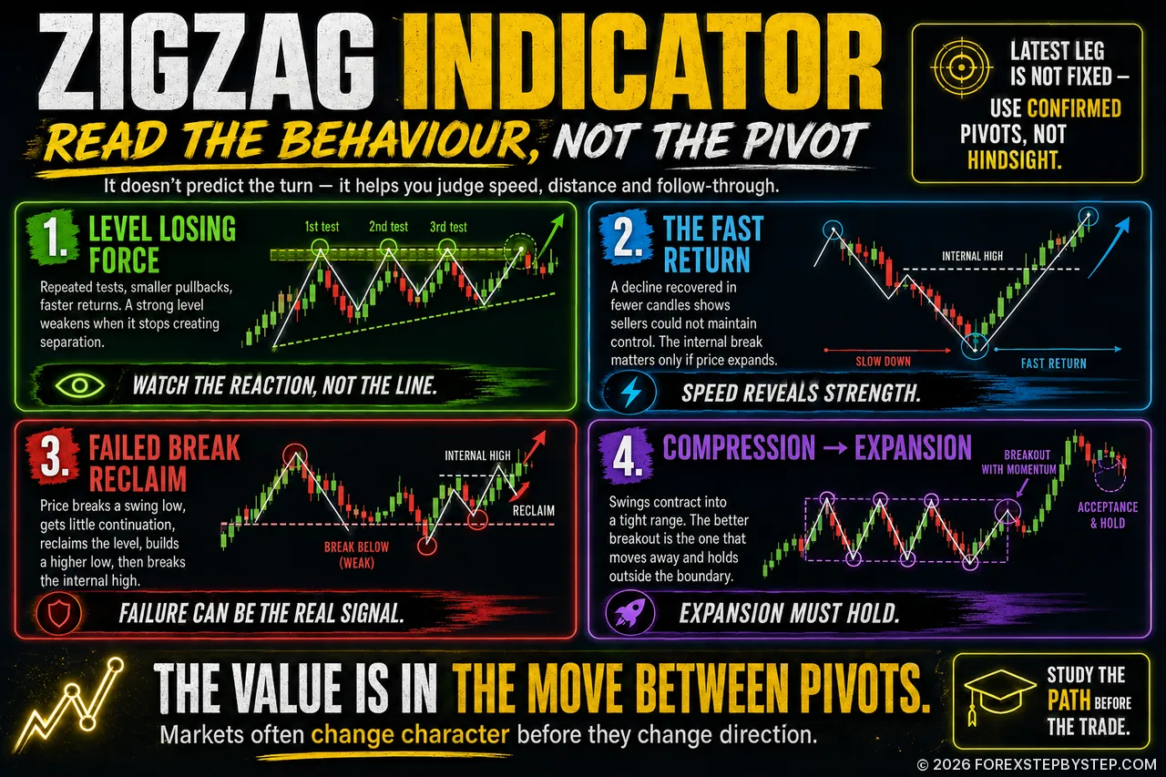 ZigZag indicator infographic showing weakening levels, fast returns, failed-break reclaims and compression breakouts.