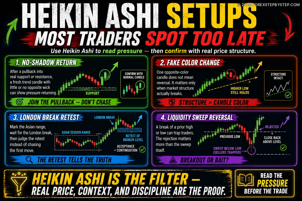 Heikin Ashi setups showing why price structure matters more than candle color.