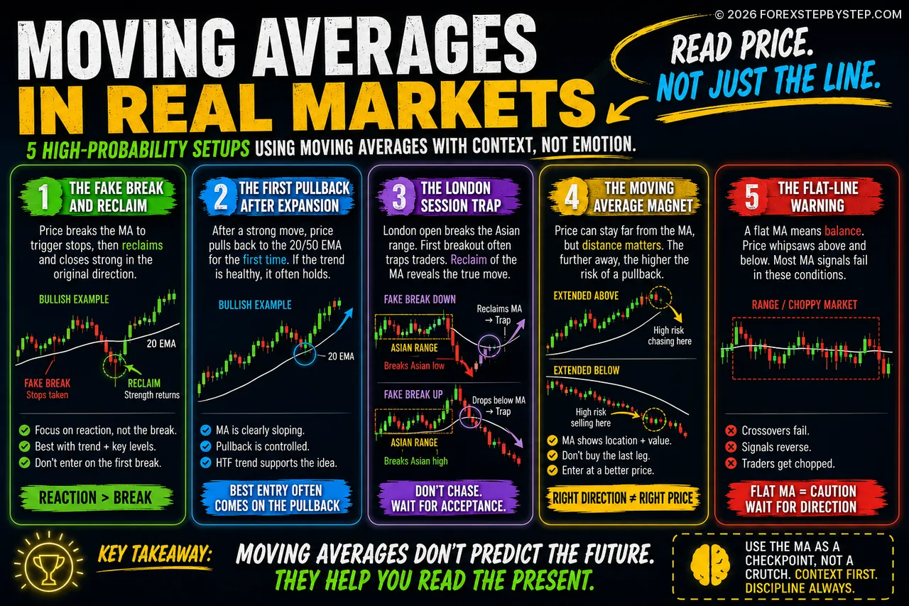 Why traders misread moving averages: fake breaks, pullbacks, traps and price reaction clues.