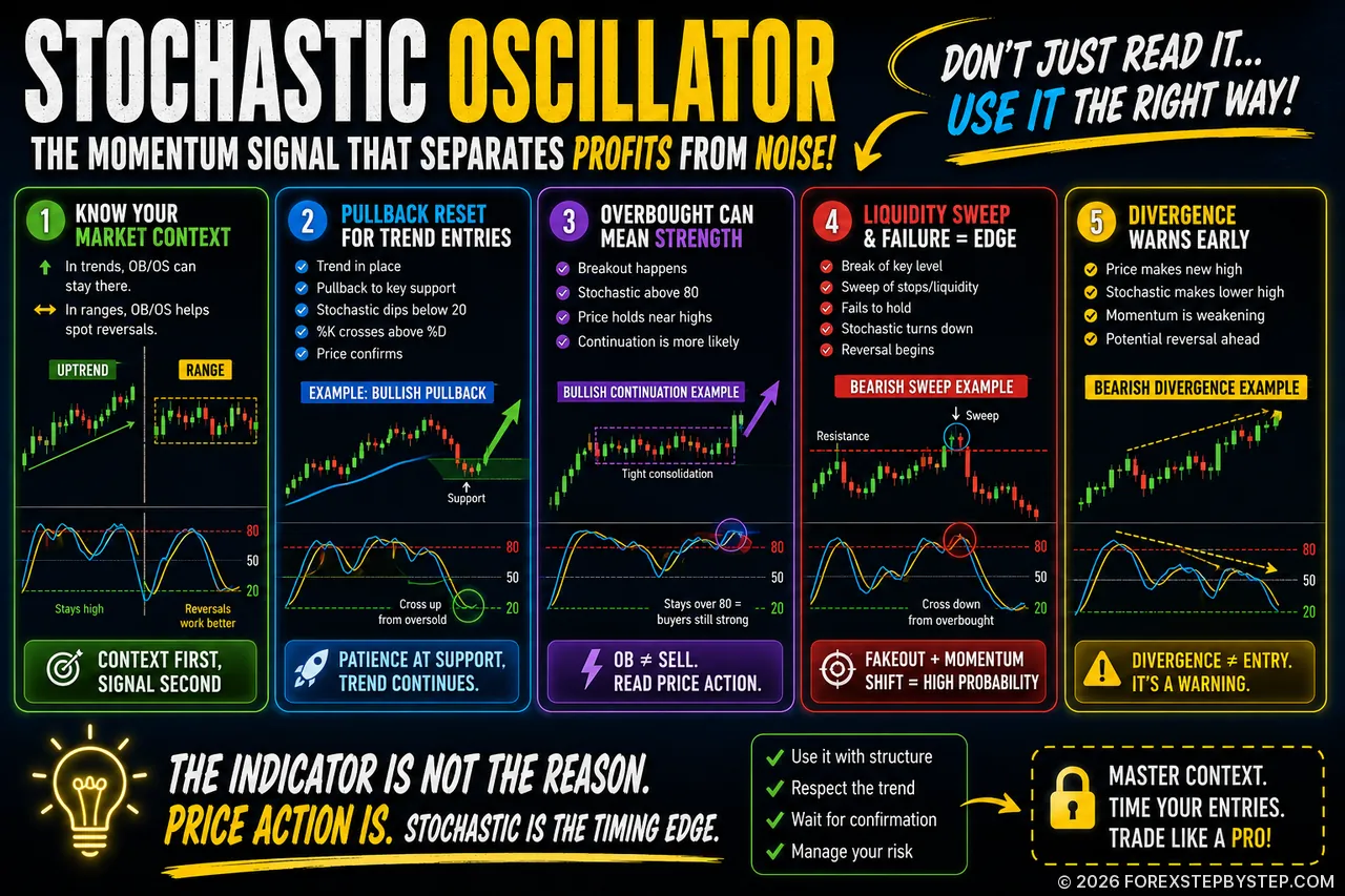 Infographic revealing hidden Stochastic Oscillator signals traders miss, including sweeps, divergence, and momentum clues.