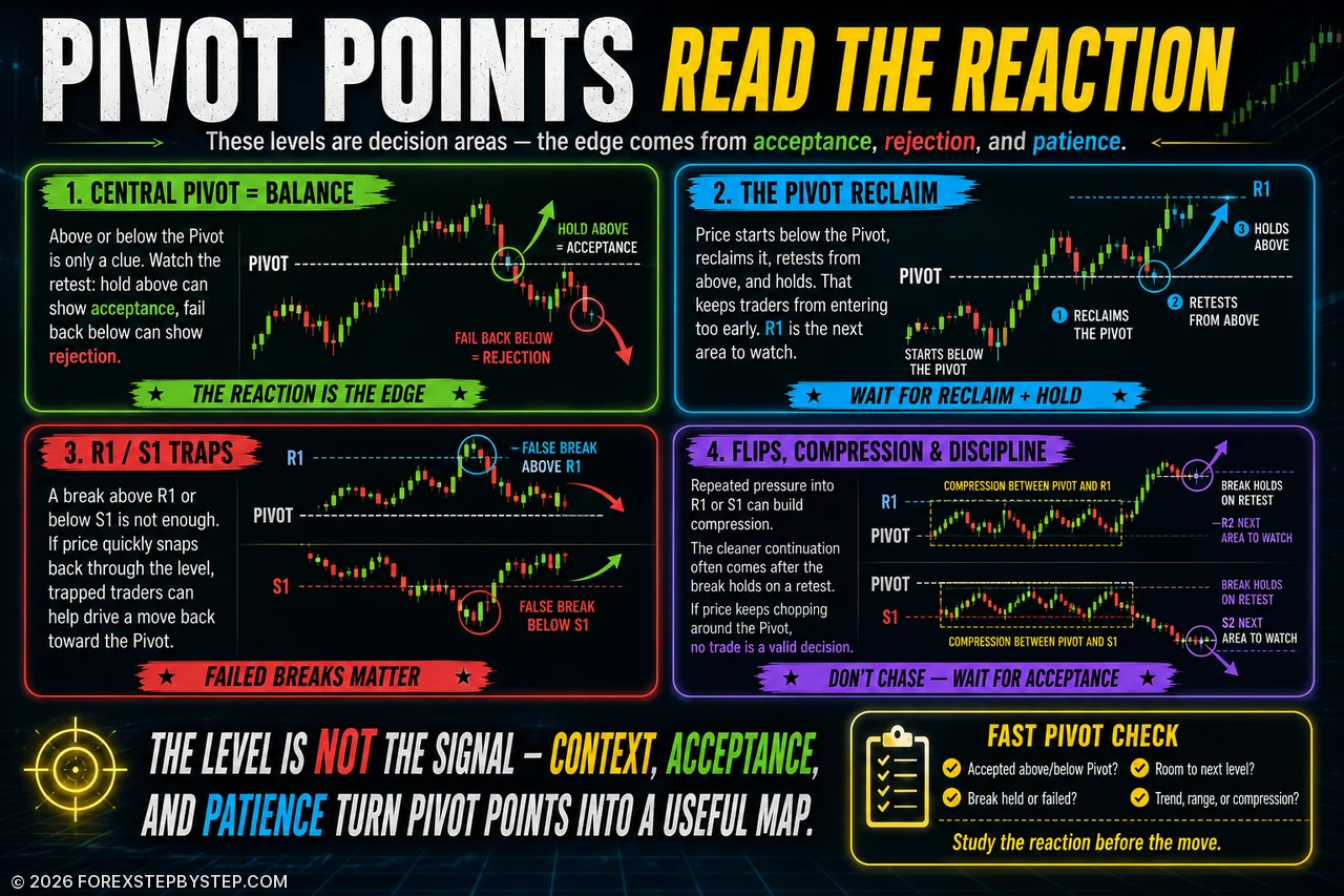 Pivot Points infographic showing central Pivot reactions, R1/S1 traps, flips, compression, and discipline.