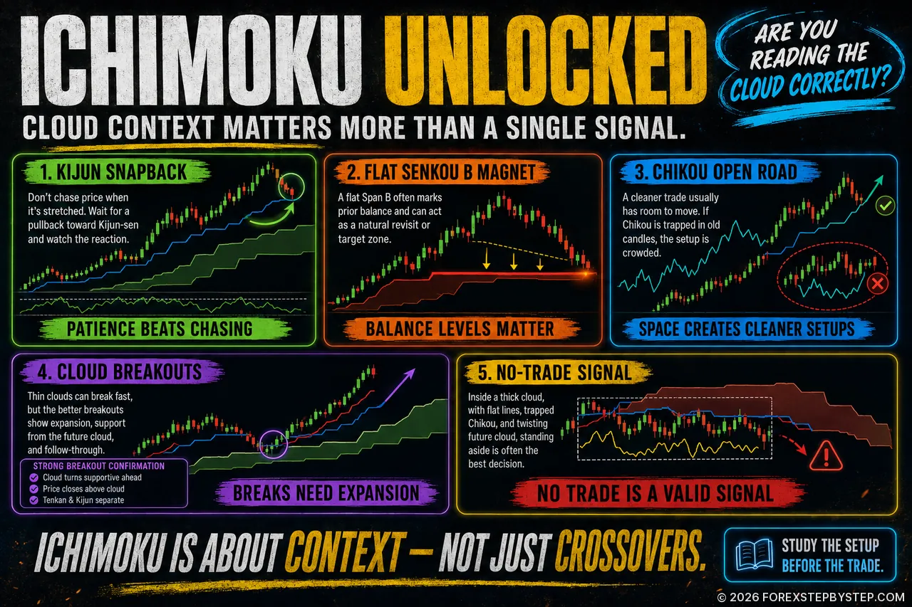 Ichimoku cloud context infographic showing why market structure matters more than crossover signals.