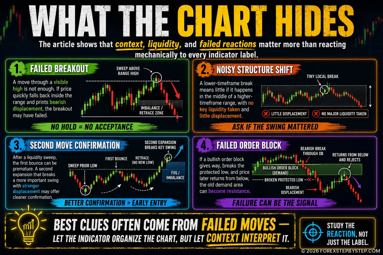 ICT and SMC infographic showing failed breakouts, structure shifts, confirmations, and failed order blocks.