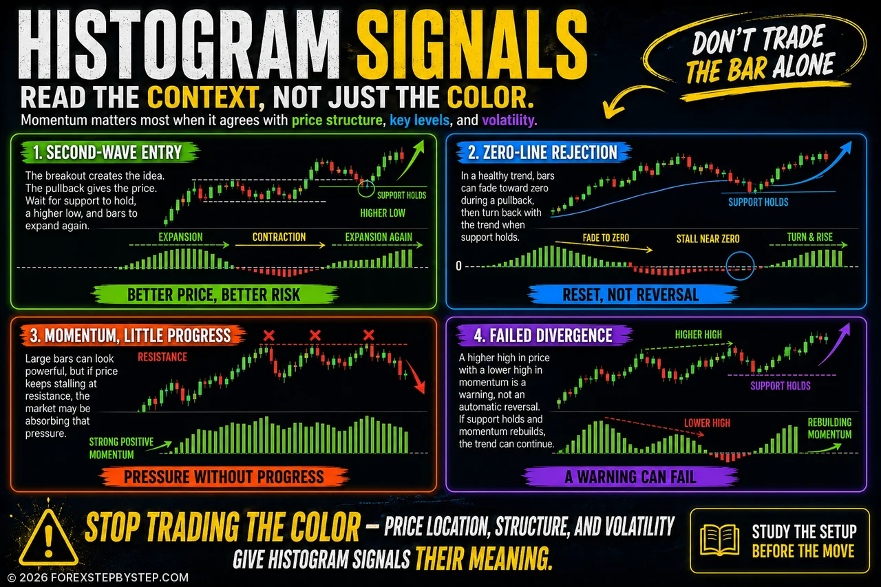 Trading infographic with four histogram setups: second-wave entry, zero-line rejection, stalled price, and failed divergence.