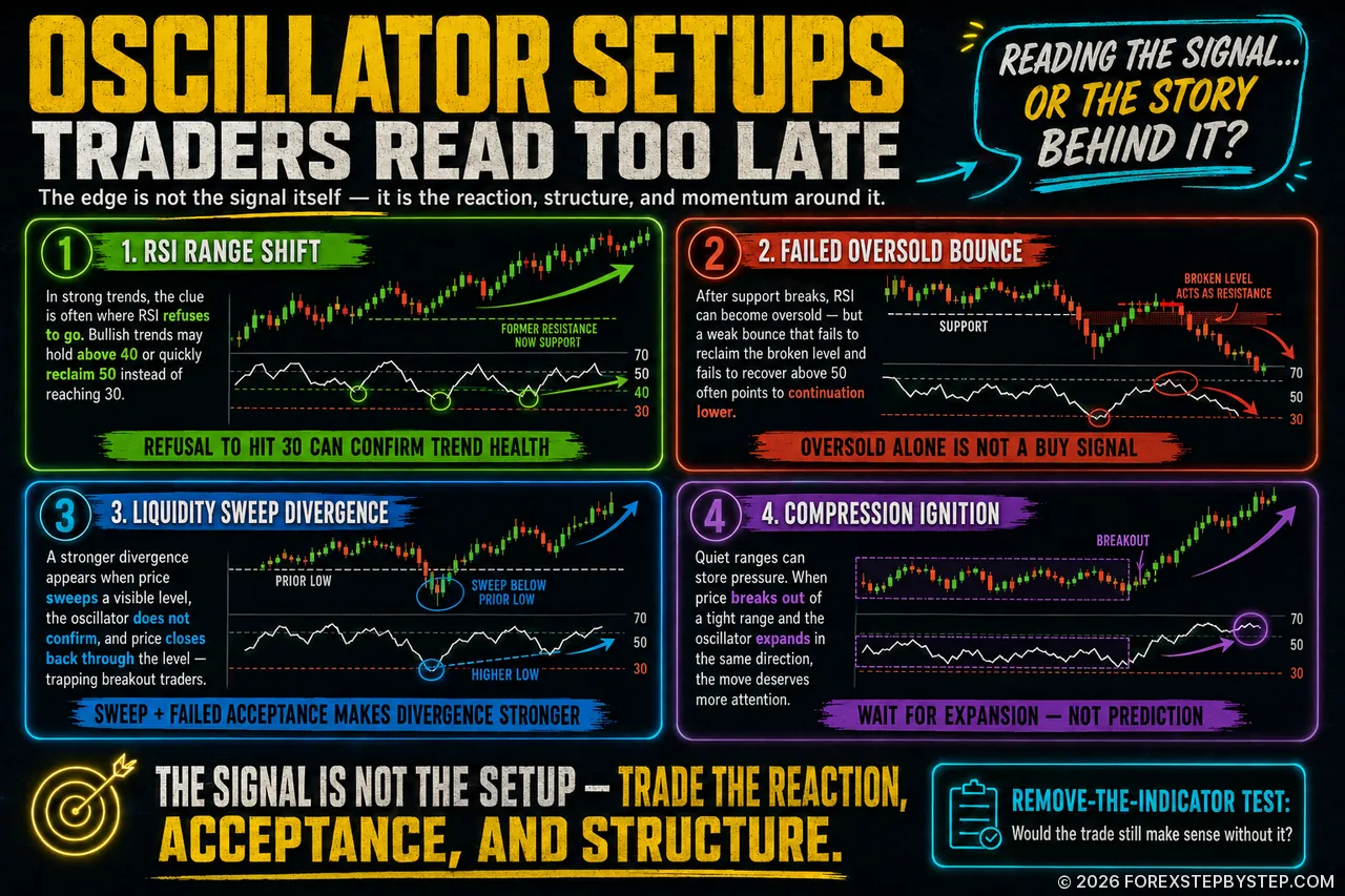Trading graphic on oscillator setups with RSI shifts, failed bounces, divergence, and compression ignition.