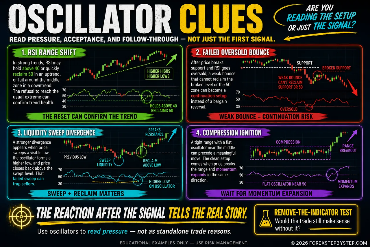 Trading infographic showing oscillator clues, price reaction, momentum traps, and signal confirmation.